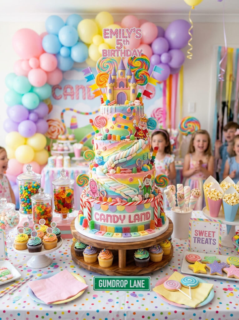 Candy Land birthday cake with colorful frosting and candy toppers

