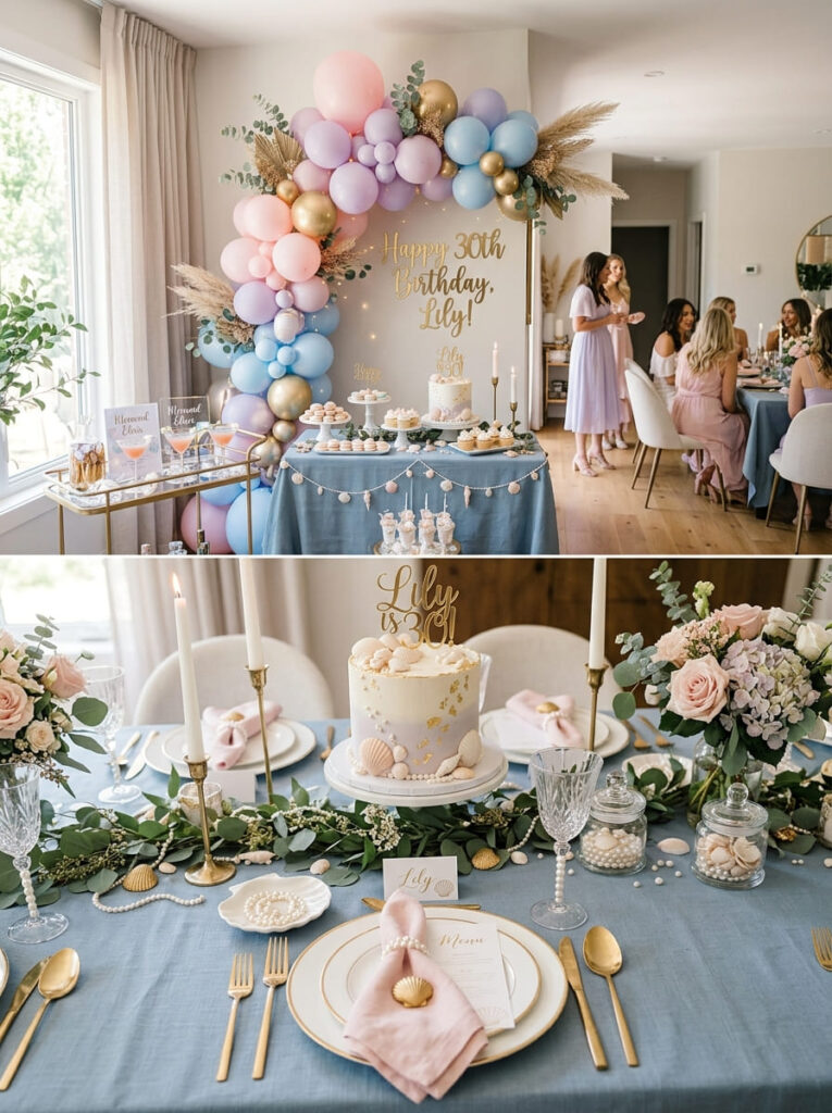 Seashell decorations adding texture to an elegant mermaid party setup