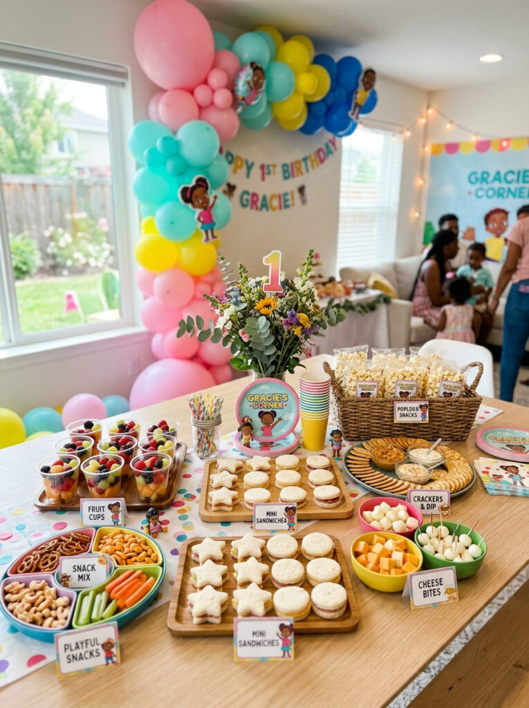 Gracie’s Corner first birthday food table with snacks and playful labels
