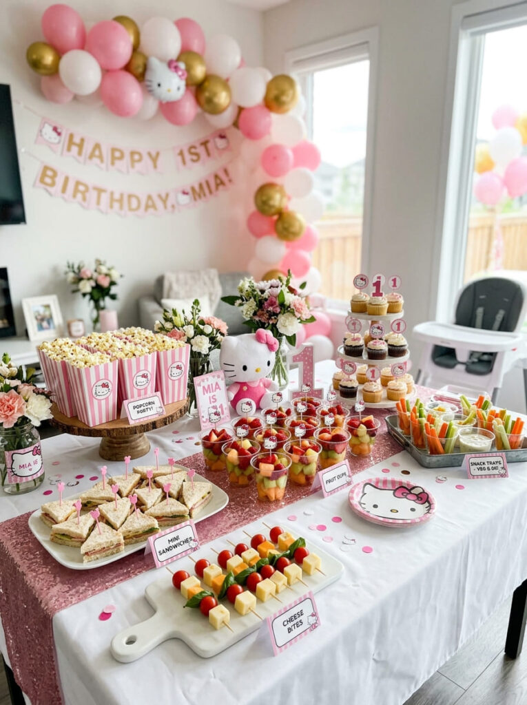 Hello Kitty first birthday food table with snacks and cute themed labels