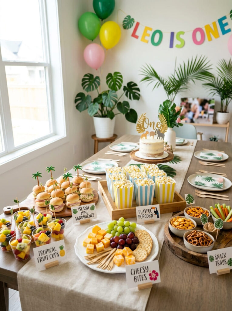 Moana first birthday food table with tropical snacks and themed labels