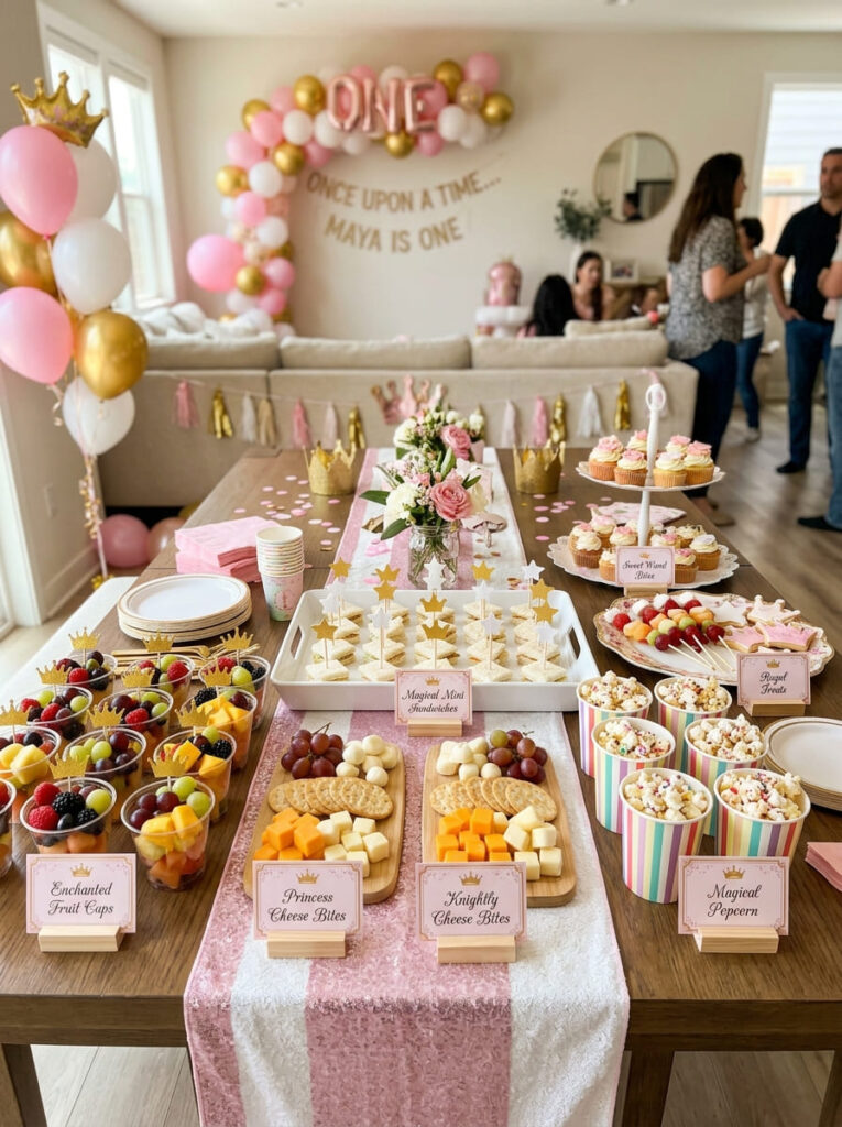Princess first birthday food table with snacks and royal themed labels