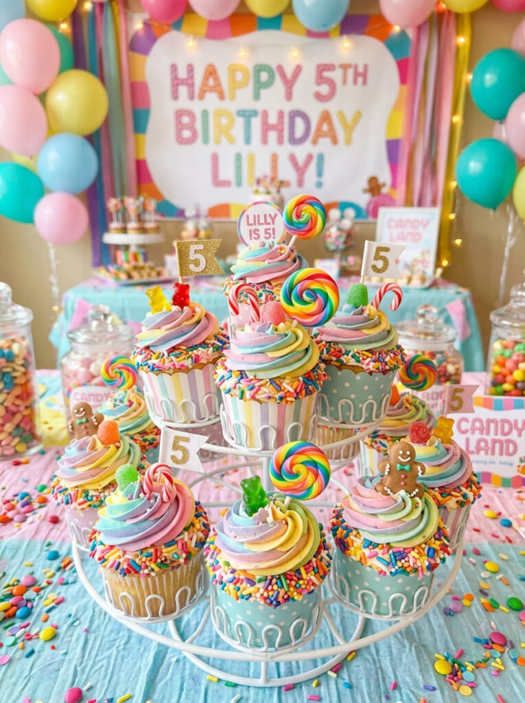 Candy Land cupcakes with swirled frosting and rainbow sprinkles

