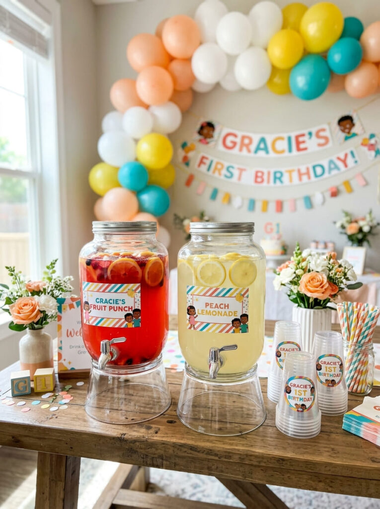 Gracie’s Corner first birthday drink station with coordinated cups and colorful details