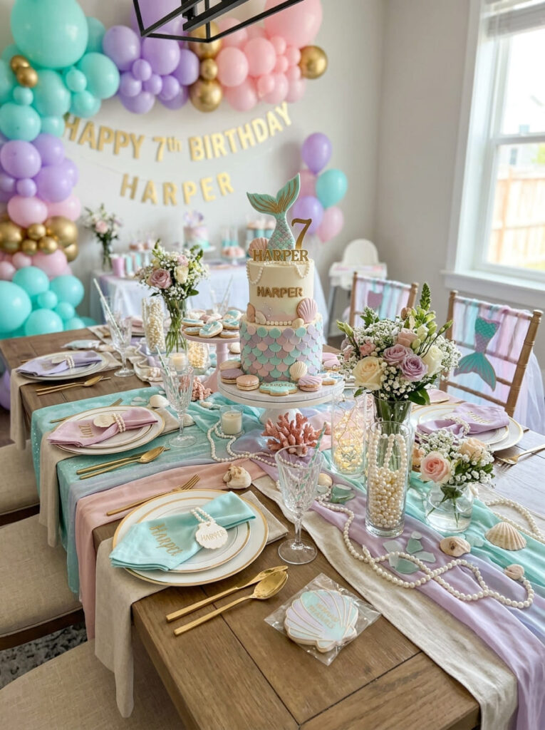 Pearl accents styled across a feminine mermaid birthday table

