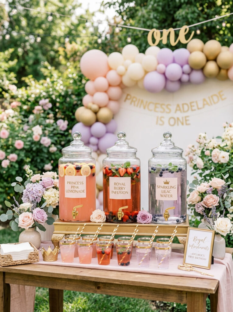 Princess first birthday drink station with coordinated cups and royal details