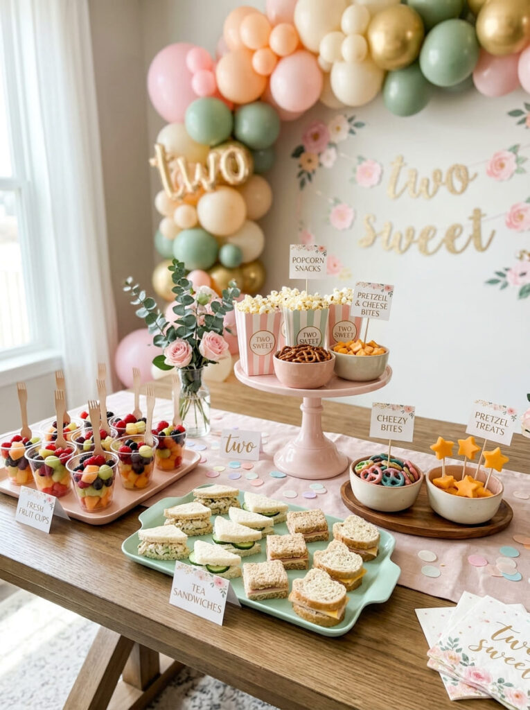 Two Sweet birthday food table with pastel snacks and playful labels