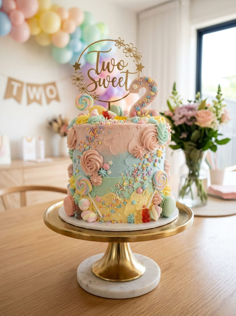 Two Sweet second birthday cake with pastel candy details and soft buttercream