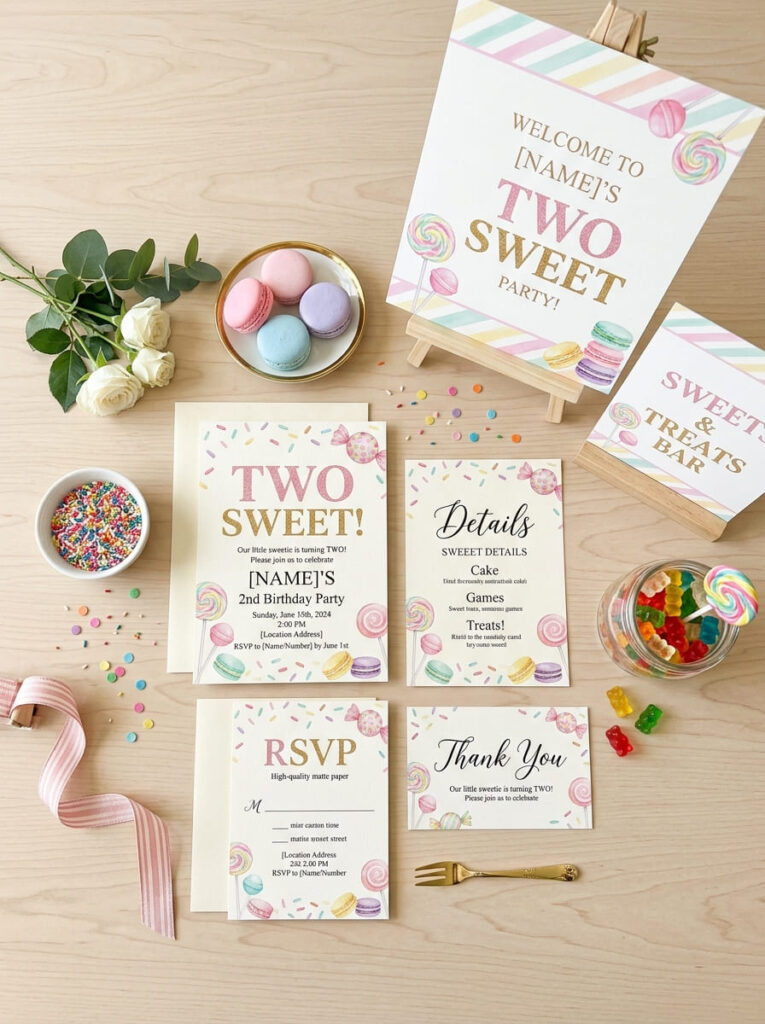 Two Sweet birthday invitations and signs with elegant pastel wording