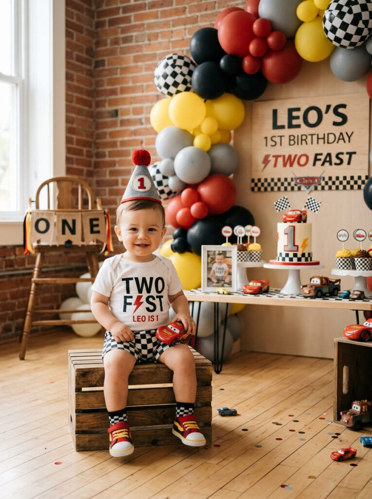 One year old in a cars-themed first birthday outfit with race-inspired details
