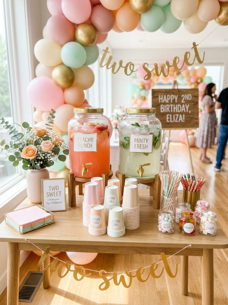 Two Sweet birthday drink station with pastel cups and coordinated labels
