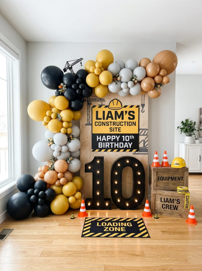 Modern construction birthday backdrop with yellow and black balloons for older kids
