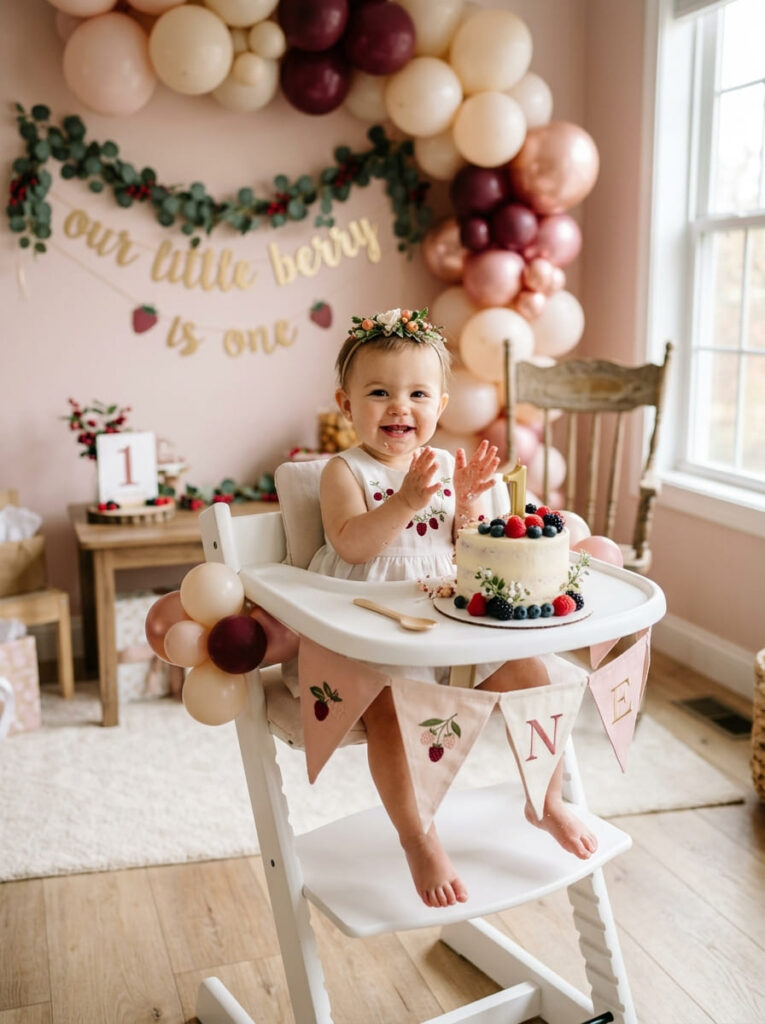 Berry first birthday cake moment with a simple high chair and soft balloons