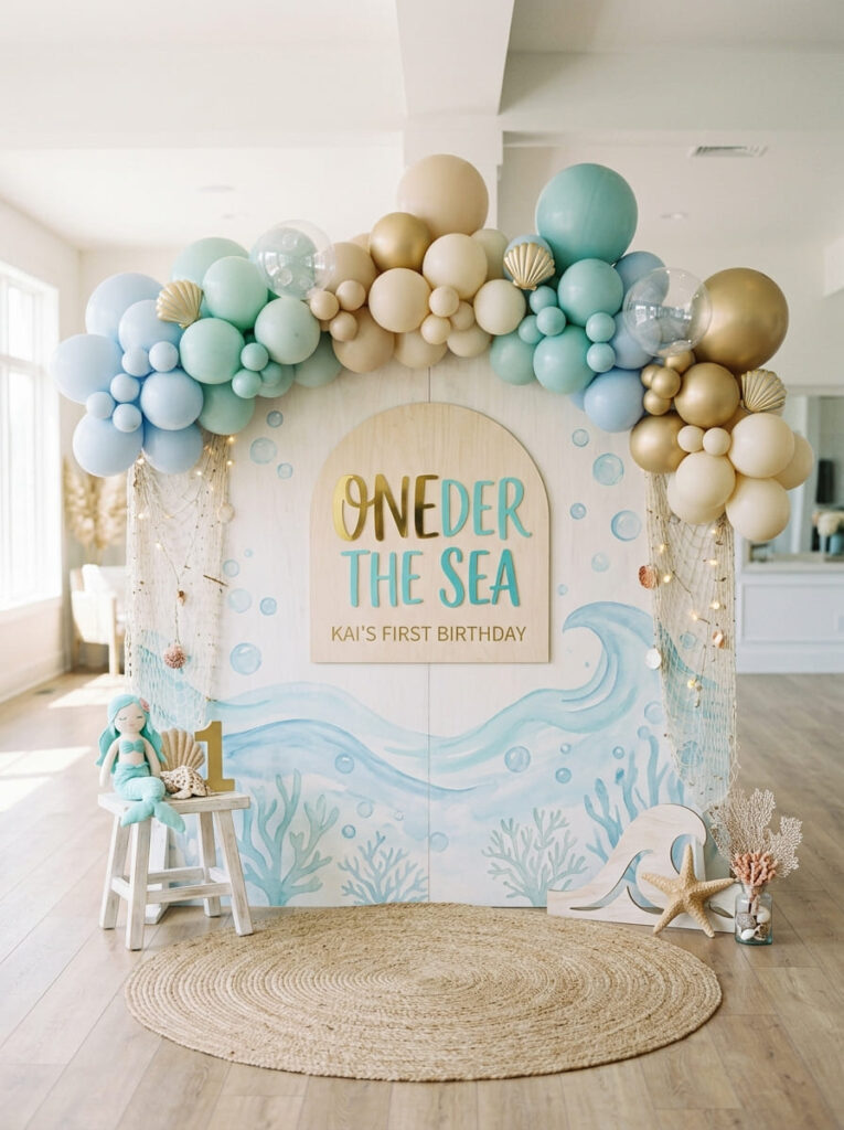 Oneder the Sea birthday backdrop with soft blue balloons and ocean details