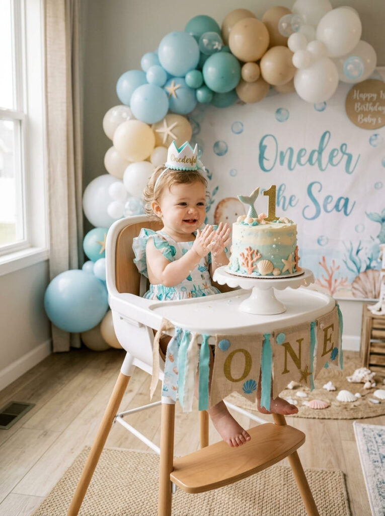 Oneder the Sea first birthday cake moment with a simple high chair and soft balloons
