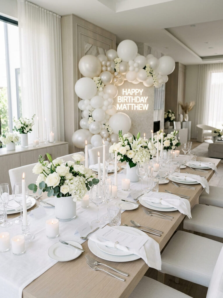 All white men’s birthday party theme with clean elegant styling