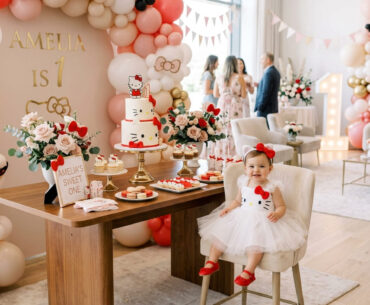 One year old in a Hello Kitty-inspired outfit beside a stylish first birthday party setup