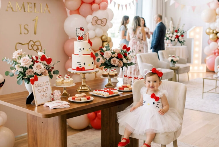 One year old in a Hello Kitty-inspired outfit beside a stylish first birthday party setup