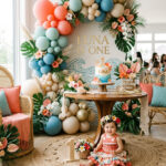 One year old in a tropical Moana-inspired outfit beside a stylish first birthday party setup