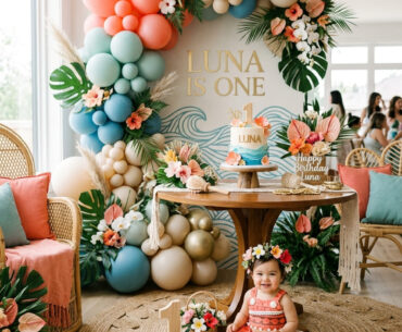 One year old in a tropical Moana-inspired outfit beside a stylish first birthday party setup