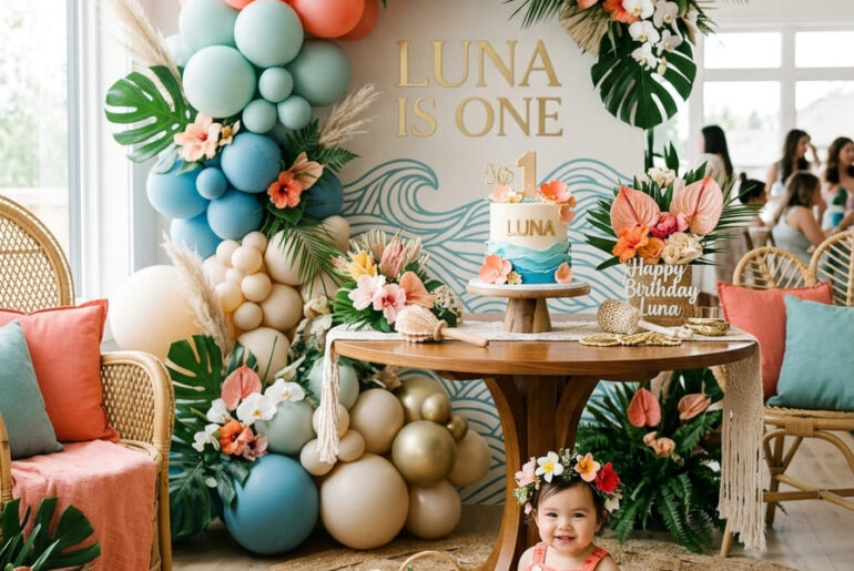 One year old in a tropical Moana-inspired outfit beside a stylish first birthday party setup