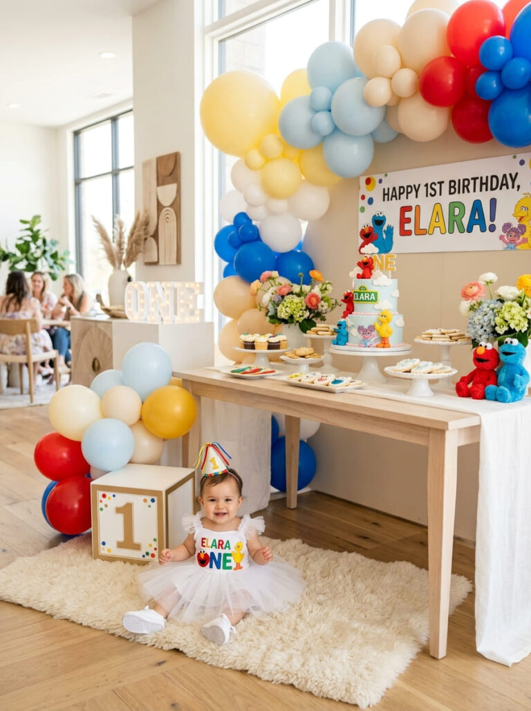 One year old in a Sesame Street-inspired outfit beside a stylish first birthday party setup