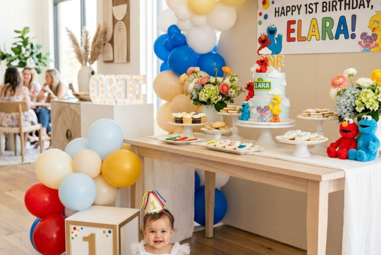 One year old in a Sesame Street-inspired outfit beside a stylish first birthday party setup