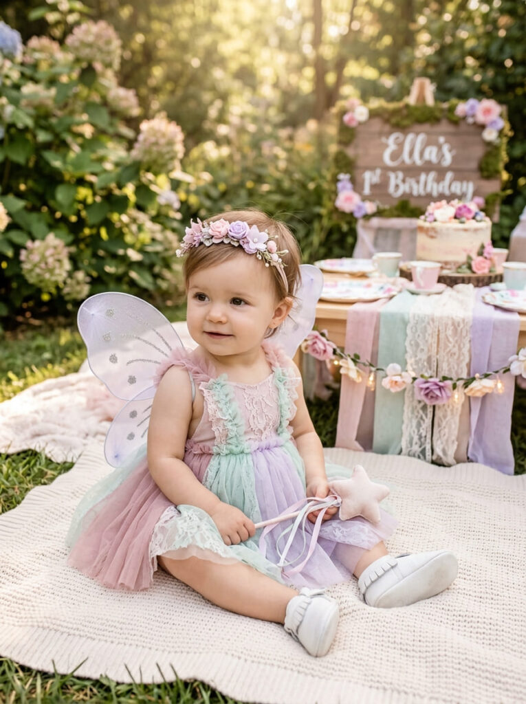 One year old wearing a fairy-inspired birthday outfit with soft wings and floral headband