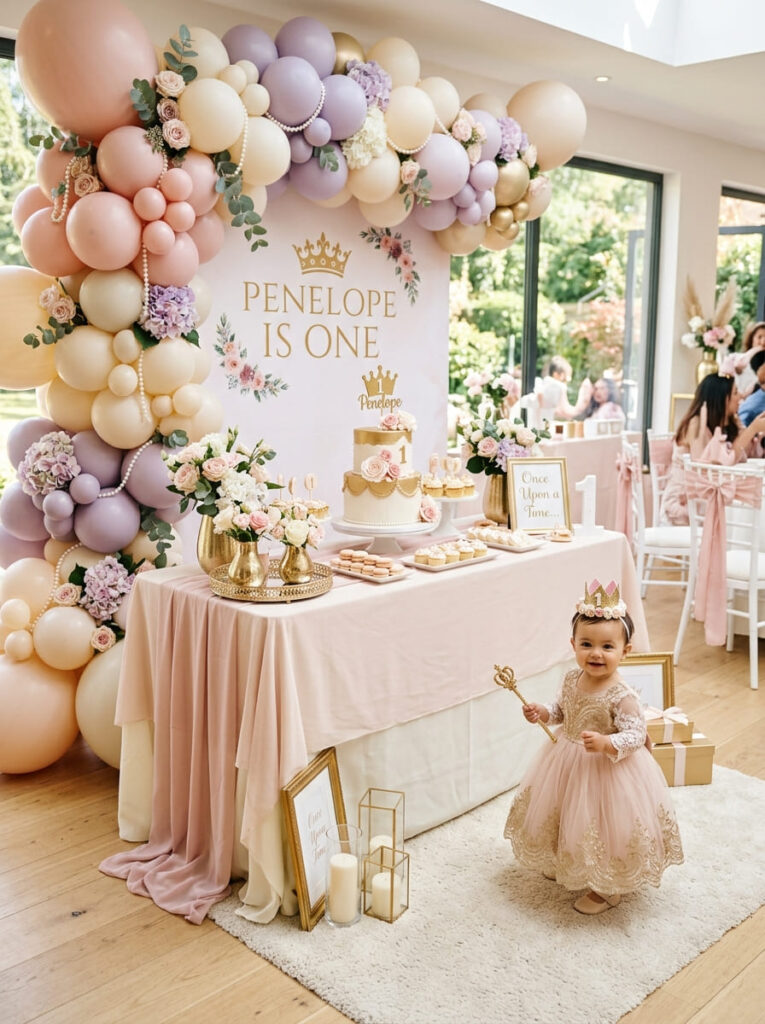 One year old in a princess-inspired outfit beside a stylish first birthday party setup