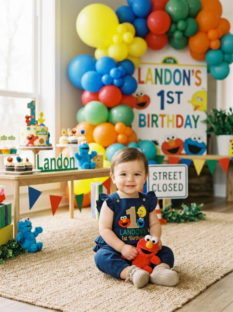 One year old in a Sesame Street-themed first birthday outfit with playful details