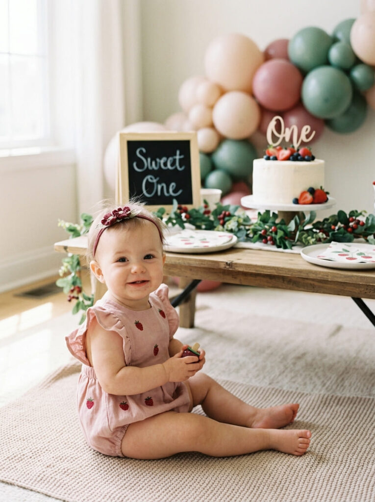 One year old in a berry-inspired first birthday outfit with soft red details