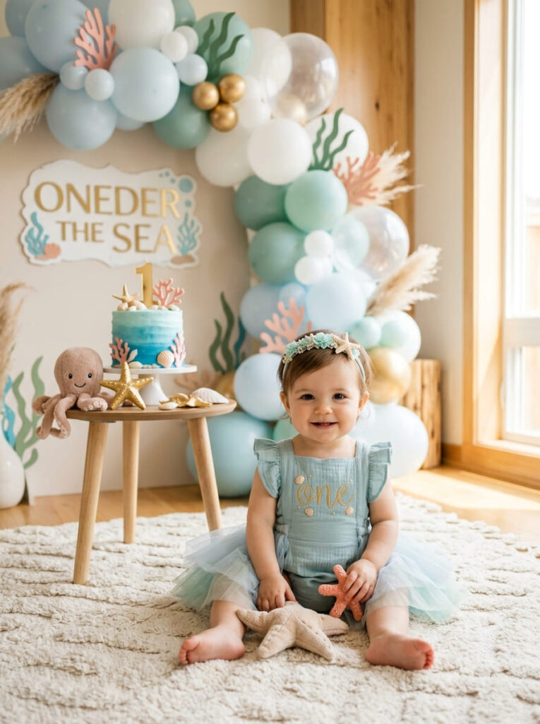 One year old in an ocean inspired first birthday outfit with soft coastal details