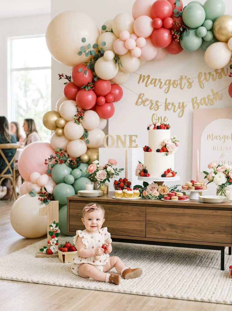 One year old in a berry-inspired outfit beside a sweet first birthday party setup