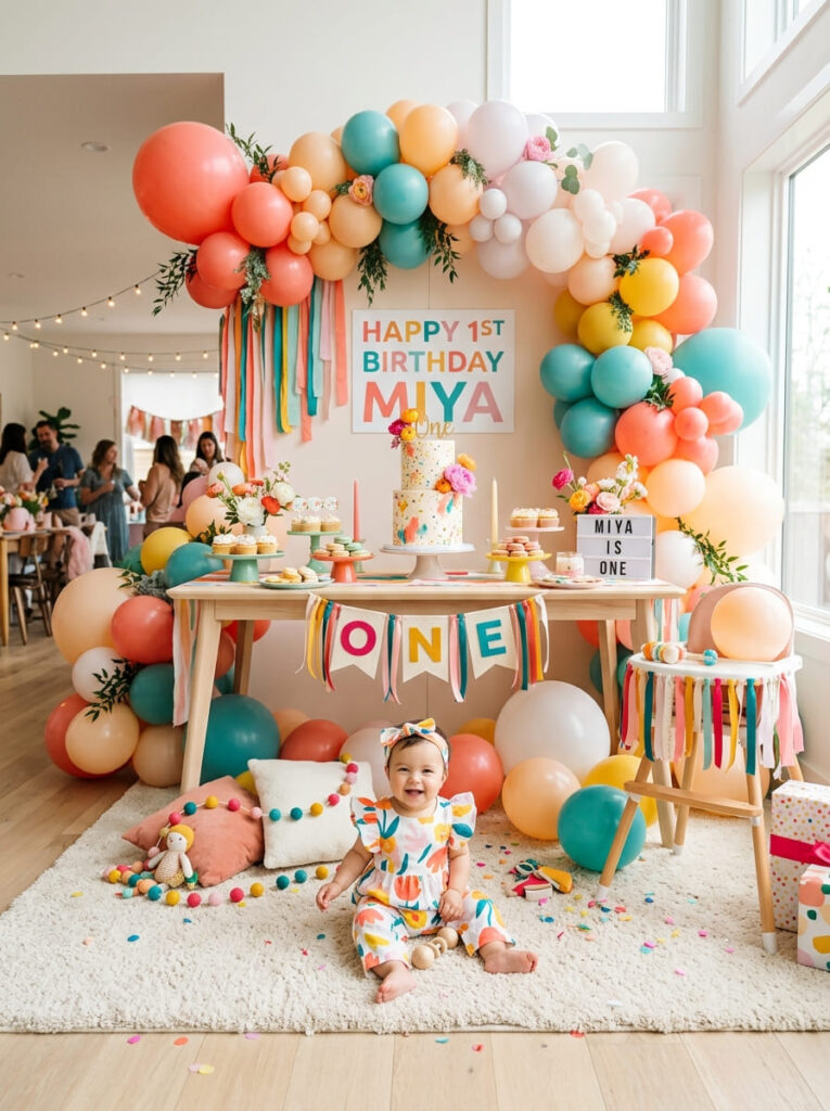 One year old in a colorful birthday outfit beside a bright first birthday setup