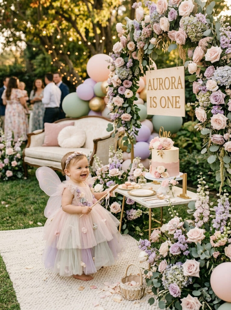 One year old in a fairy-inspired outfit beside a dreamy first birthday party setup