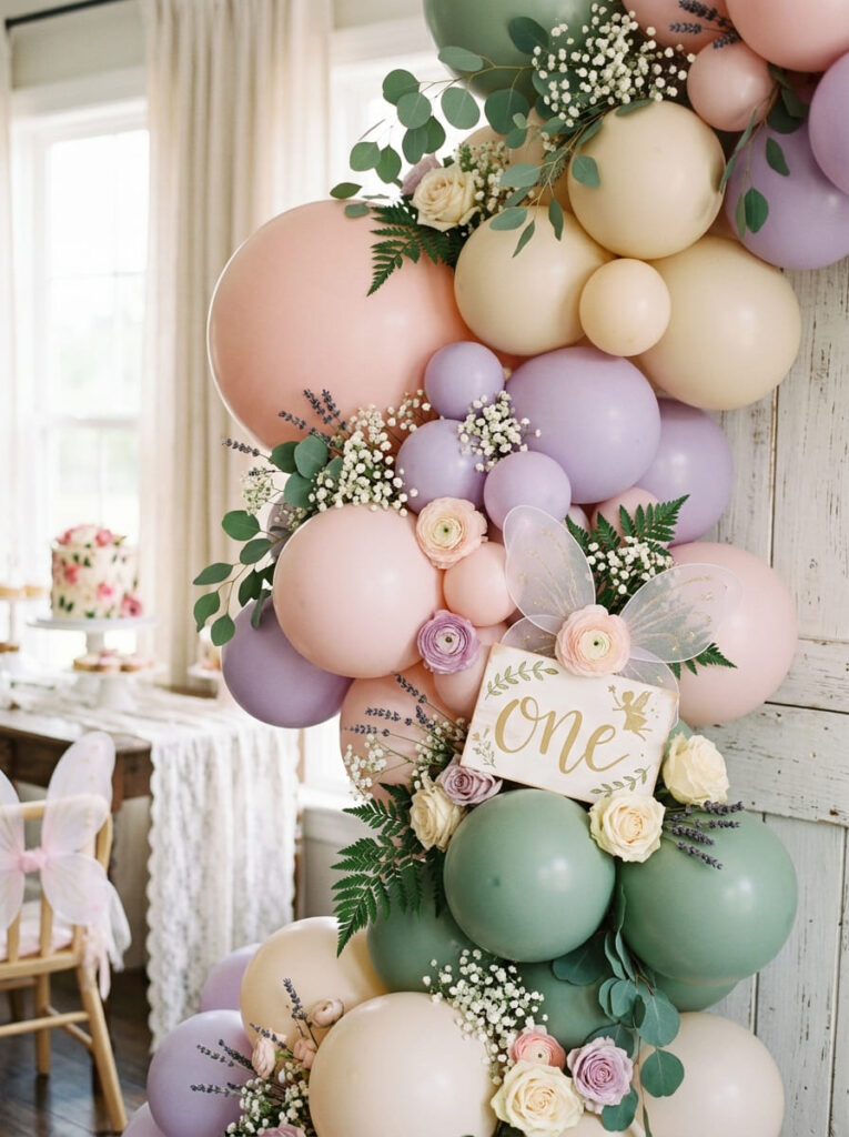 Fairy birthday balloon cluster in blush lavender cream and sage