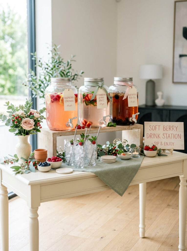 Berry first birthday drink station with coordinated cups and berry accents