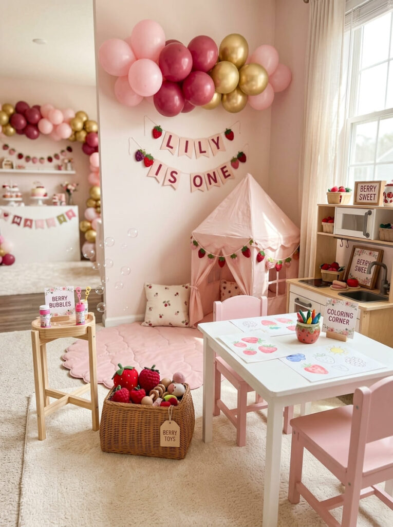 Berry first birthday activity corner with bubbles toys and soft play details
