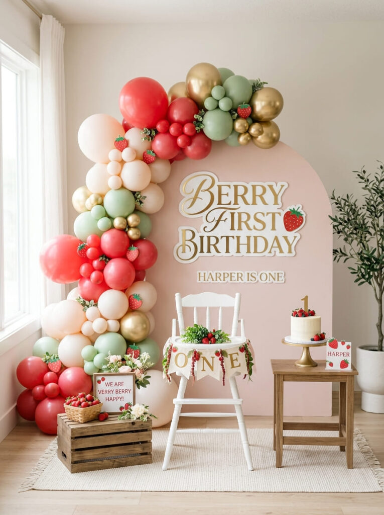 Berry first birthday backdrop with soft red and pink balloons