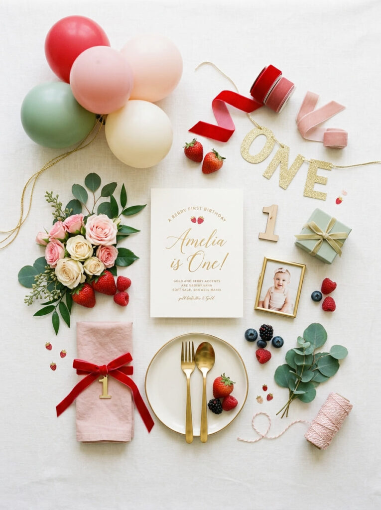 Berry first birthday color palette with strawberry red blush pink cream and sage tones