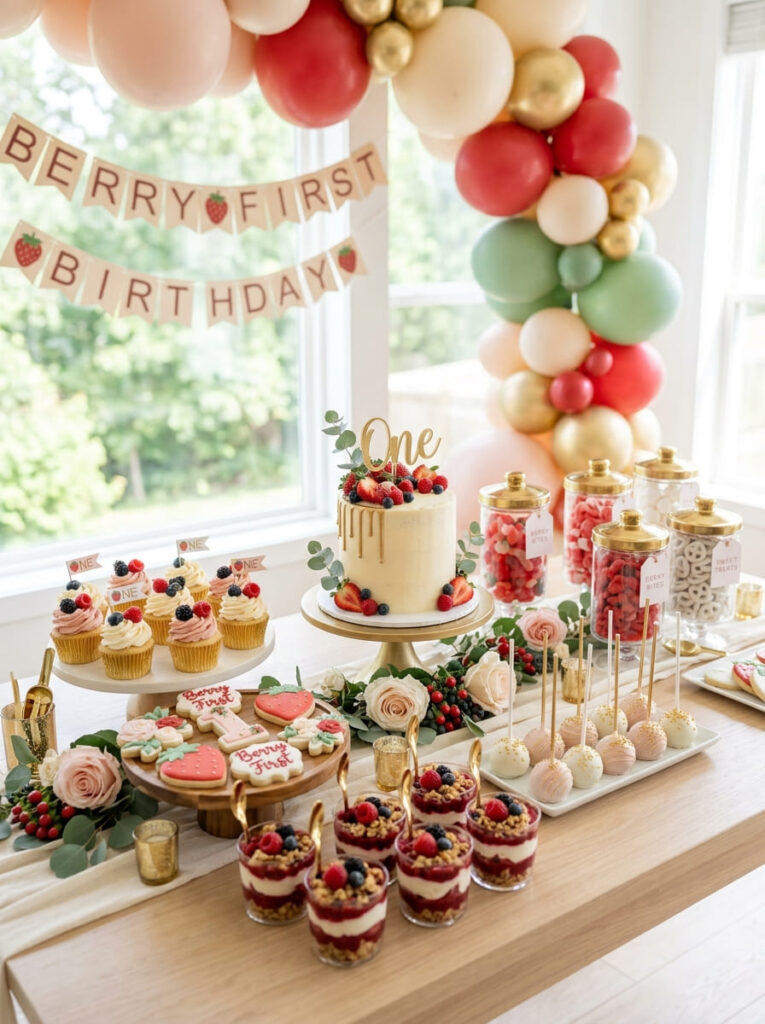 Berry first birthday dessert display with cupcakes cookies and berry parfaits