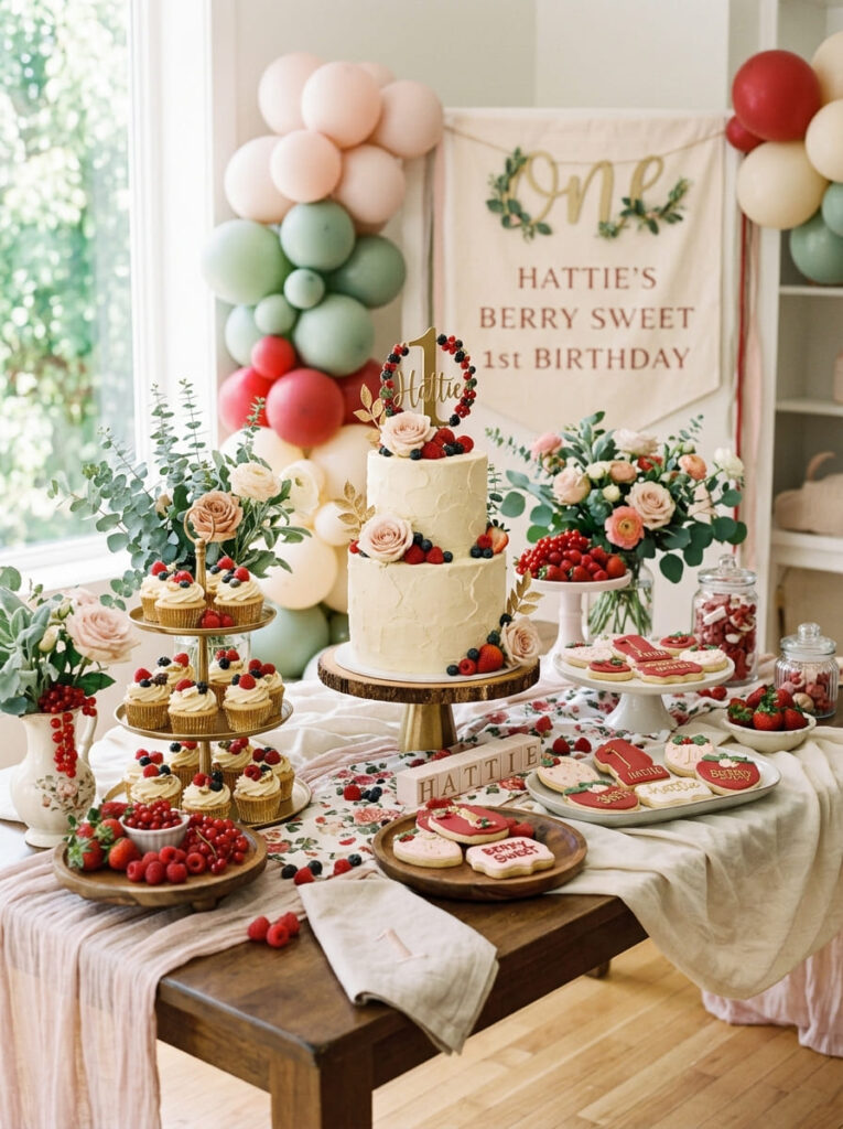Berry first birthday dessert table with fresh berries and soft floral details
