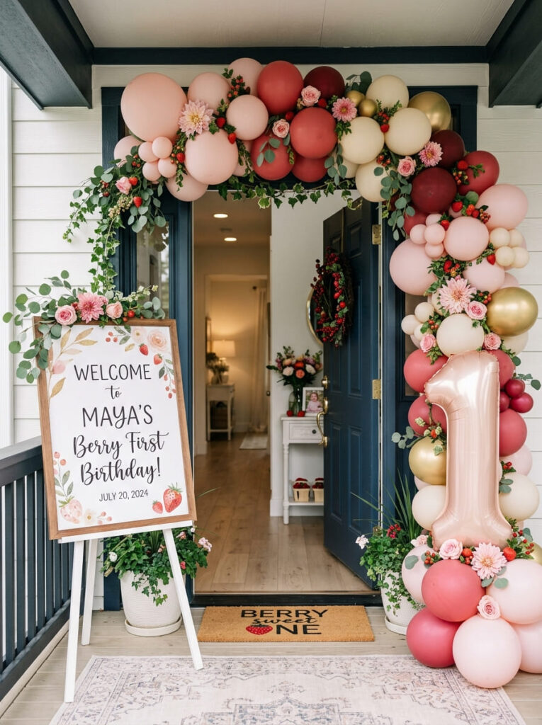 Berry first birthday entrance with soft balloons and a berry-themed welcome sign
