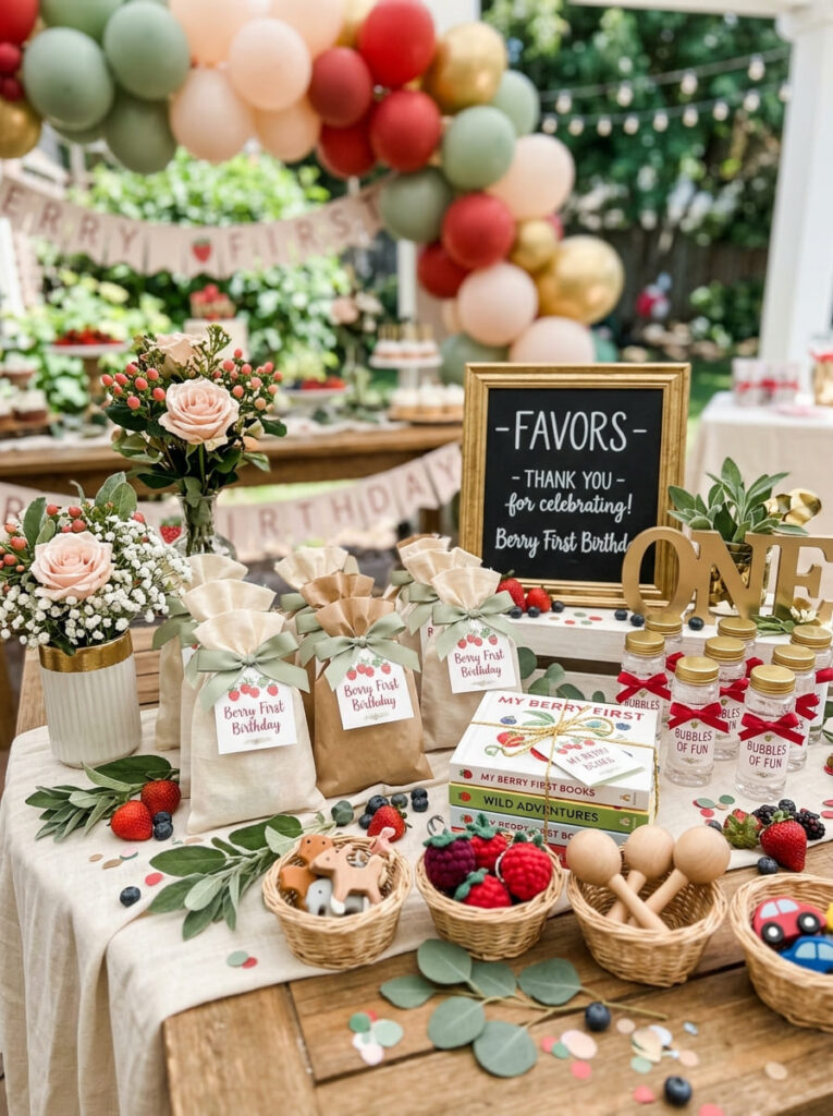 Berry first birthday favor display with berry-colored treat bags and small gifts