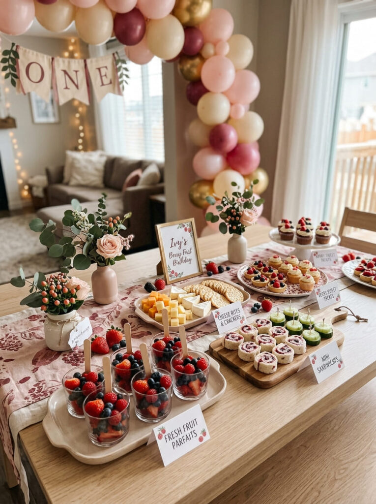 Berry first birthday food table with fresh snacks and soft serving details