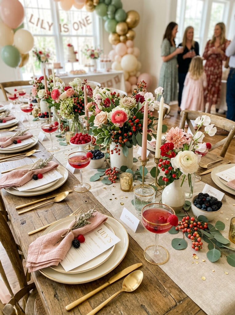 Berry first birthday guest table with blush tableware and berry-inspired decor