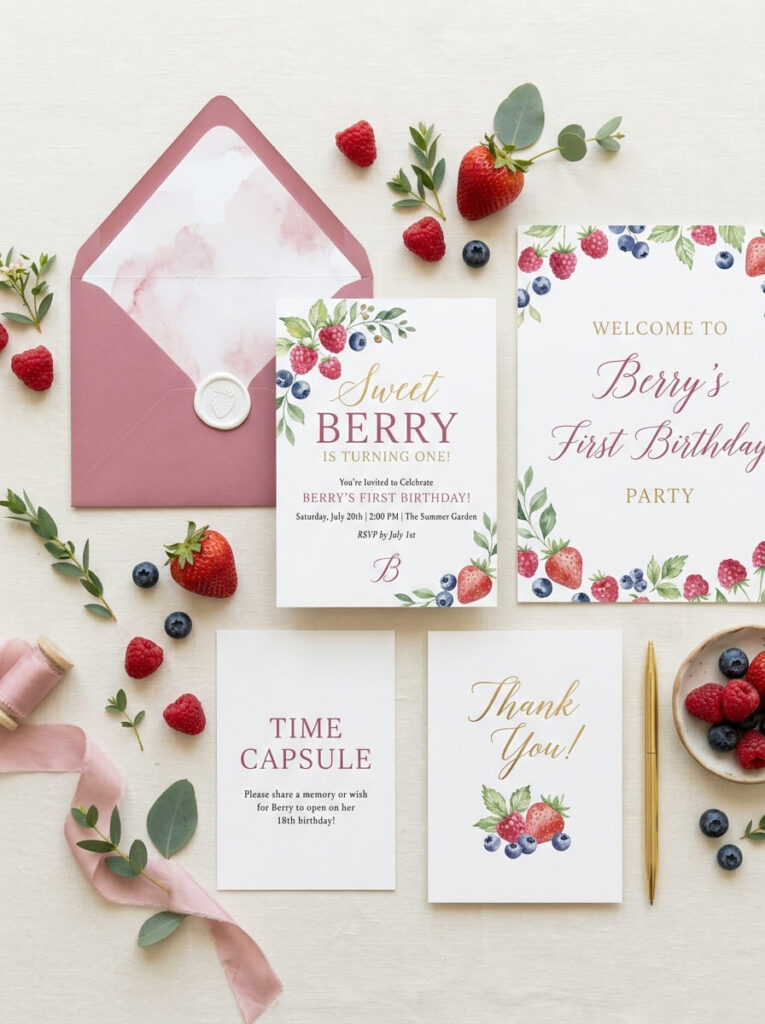 Berry first birthday invitations and signs with elegant berry-themed wording