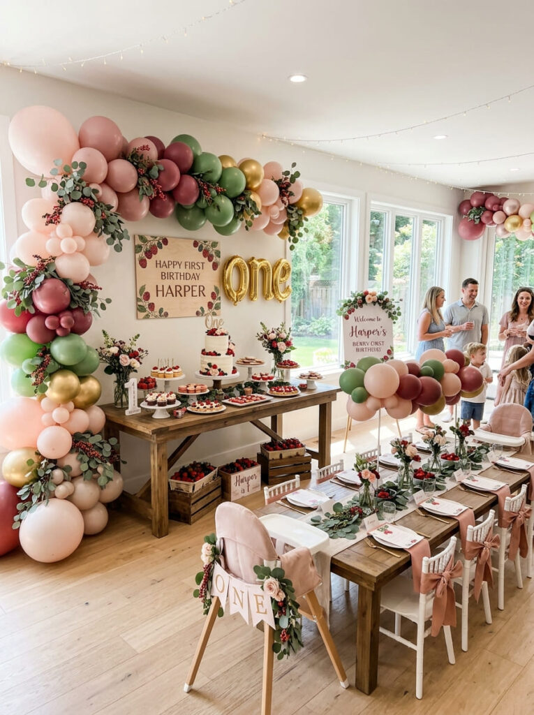 Full berry first birthday setup with coordinated berry decor
