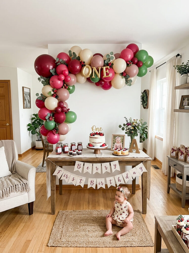 Berry first birthday memory display with baby photos and milestone cards
