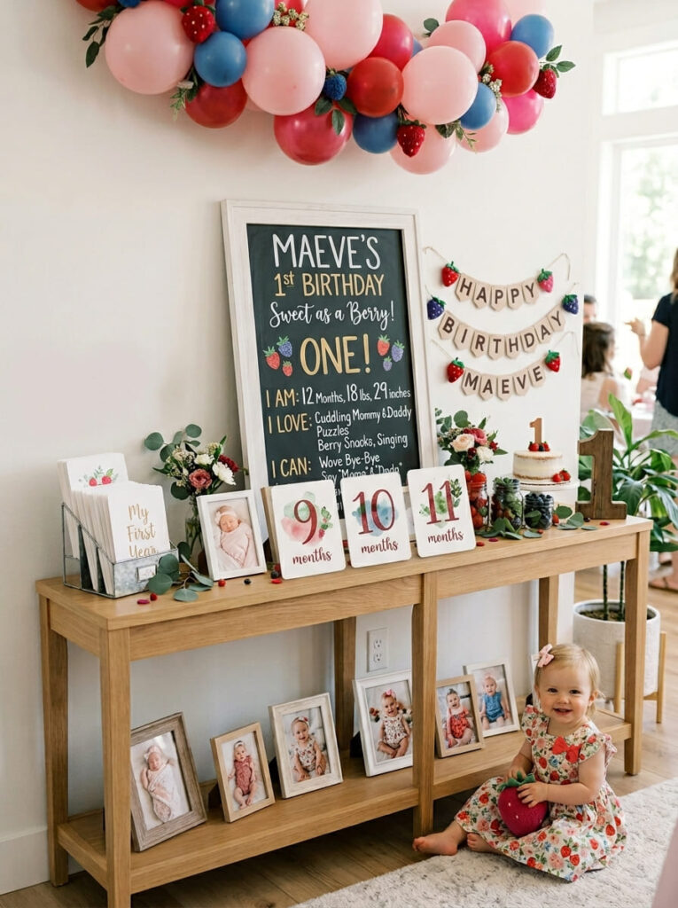 Budget friendly berry first birthday setup with stylish berry decor